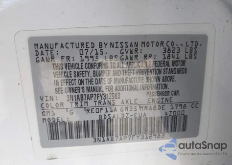 2015 Nissan Sentra Sv из США, поврежденный, VIN 3N1AB7AP7FY312983